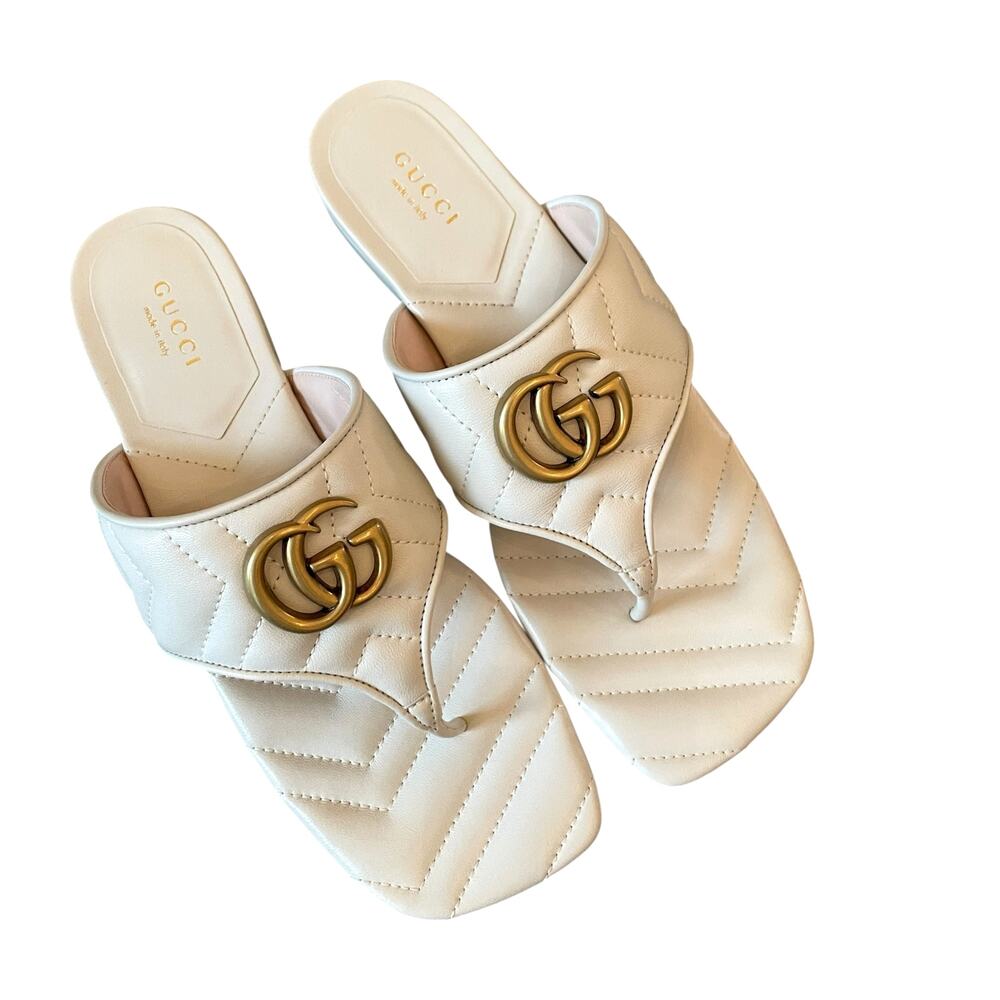 Gucci GG Marmont Matelasse Leather Flip Flop Sandals Cream White Sz 37.5 US 7.5 - Picture 15 of 16